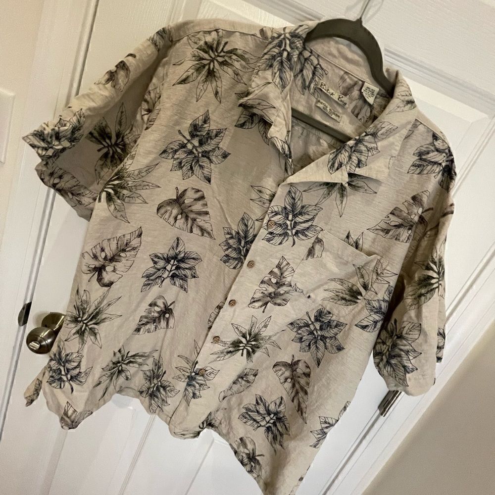 Batek Bay 100% silk mens shirt tan and blue with leaves  XXL